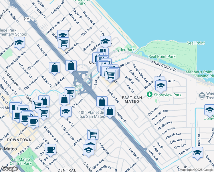 map of restaurants, bars, coffee shops, grocery stores, and more near 1410 Cary Avenue in San Mateo