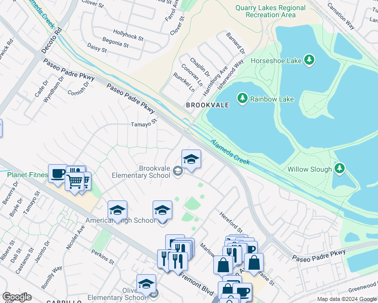 map of restaurants, bars, coffee shops, grocery stores, and more near 3148 Kipling Place in Fremont