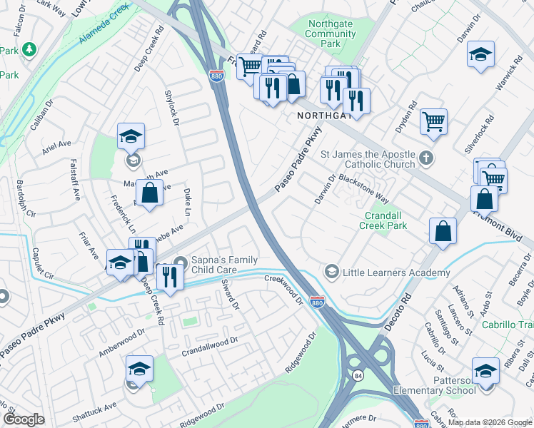 map of restaurants, bars, coffee shops, grocery stores, and more near 34485 Salinas Place in Fremont