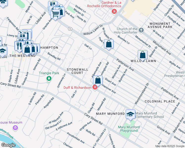 map of restaurants, bars, coffee shops, grocery stores, and more near 324 Albemarle Avenue in Richmond