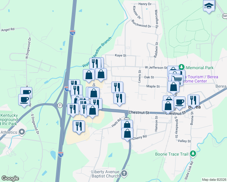 map of restaurants, bars, coffee shops, grocery stores, and more near 122 Morning View Road in Berea