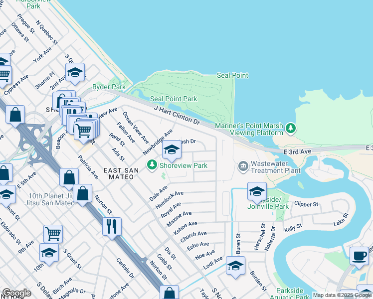 map of restaurants, bars, coffee shops, grocery stores, and more near 1771 Cottage Grove Avenue in San Mateo