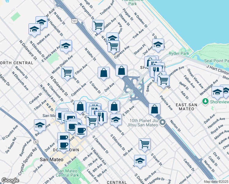 map of restaurants, bars, coffee shops, grocery stores, and more near 223 South Humboldt Street in San Mateo