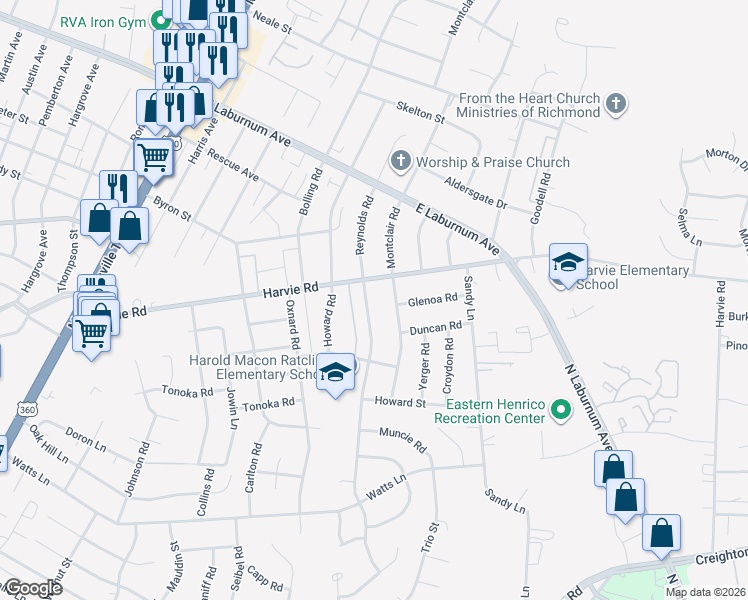 map of restaurants, bars, coffee shops, grocery stores, and more near 3429 Reynolds Road in Richmond