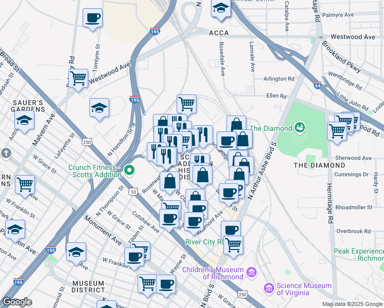 map of restaurants, bars, coffee shops, grocery stores, and more near 1601 Roseneath Road in Richmond