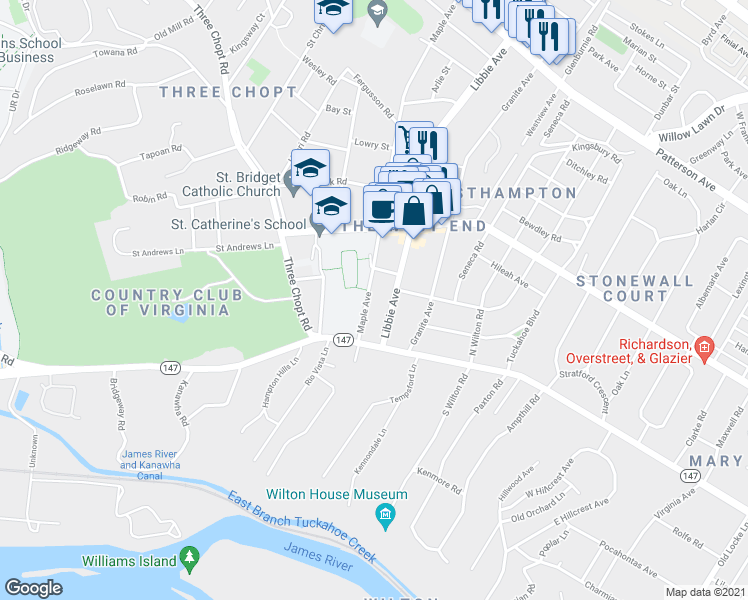 map of restaurants, bars, coffee shops, grocery stores, and more near 91 Maple Avenue in Richmond