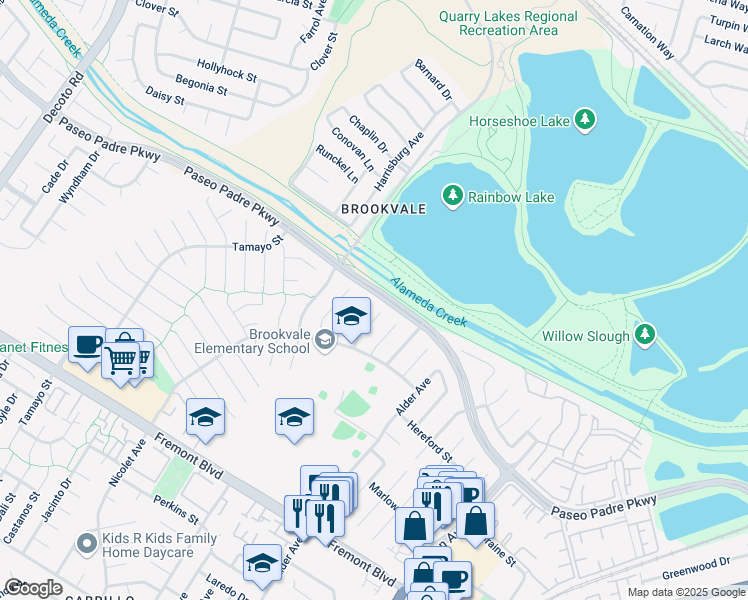 map of restaurants, bars, coffee shops, grocery stores, and more near 3118 Lubbock Place in Fremont