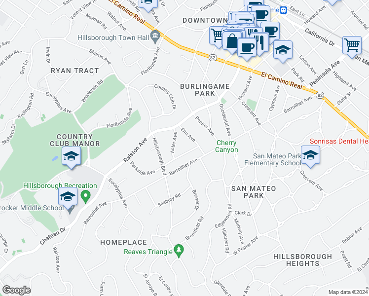 map of restaurants, bars, coffee shops, grocery stores, and more near 1940 Parkside Avenue in Hillsborough