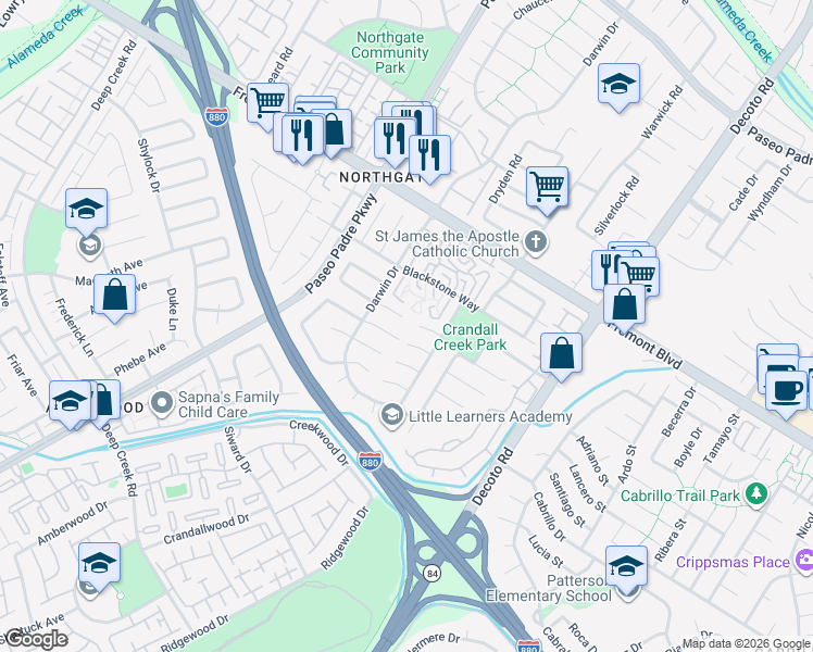 map of restaurants, bars, coffee shops, grocery stores, and more near 34589 Shenandoah Place in Fremont