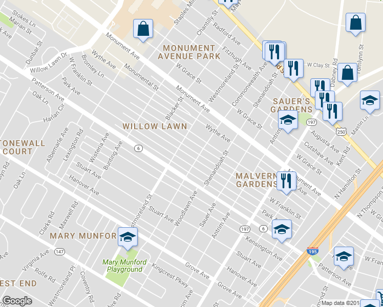 map of restaurants, bars, coffee shops, grocery stores, and more near 4507 West Franklin Street in Richmond