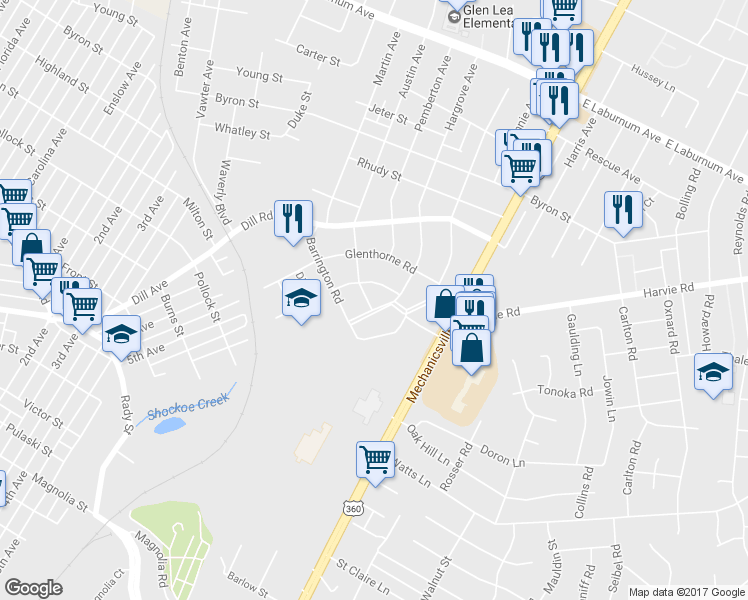 map of restaurants, bars, coffee shops, grocery stores, and more near 1900 Yeadon Road in Richmond