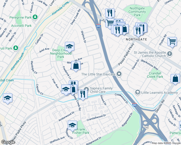 map of restaurants, bars, coffee shops, grocery stores, and more near 34178 Duke Lane in Fremont