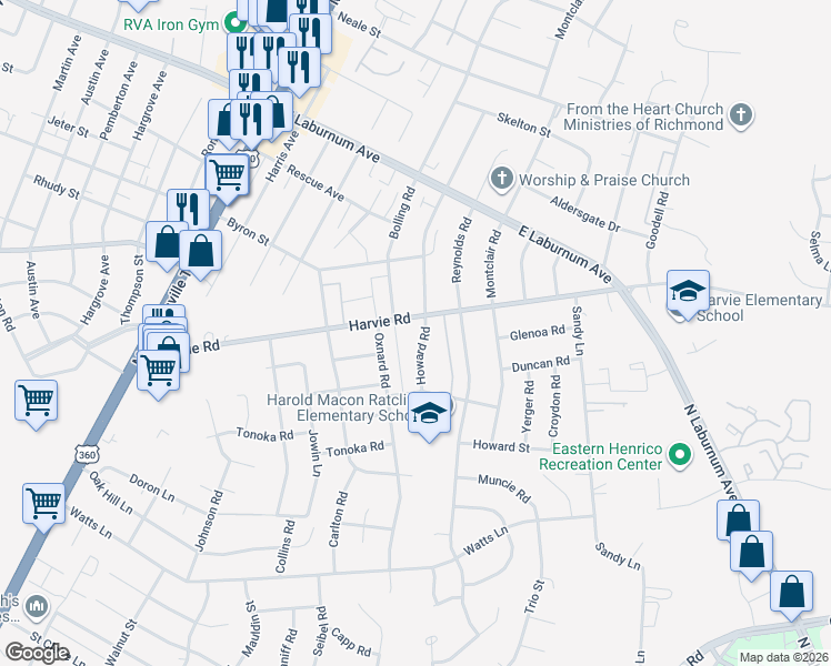 map of restaurants, bars, coffee shops, grocery stores, and more near 3452 Howard Road in Richmond
