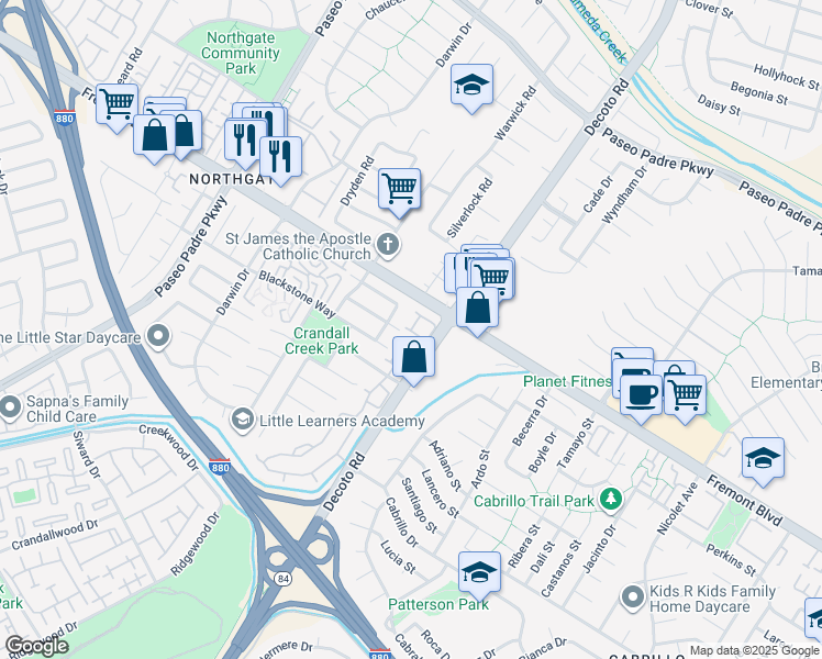 map of restaurants, bars, coffee shops, grocery stores, and more near Oyster Bay Terrace in Fremont