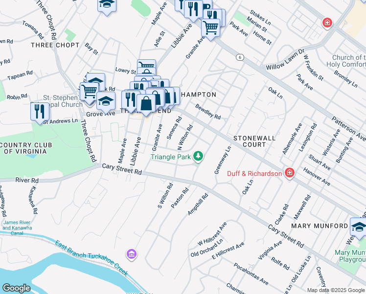 map of restaurants, bars, coffee shops, grocery stores, and more near 5304 Matoaka Road in Richmond