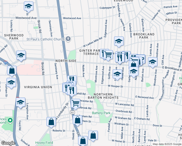 map of restaurants, bars, coffee shops, grocery stores, and more near 2901 Moss Side Avenue in Richmond
