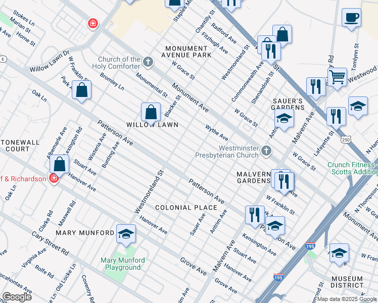map of restaurants, bars, coffee shops, grocery stores, and more near 4507 West Franklin Street in Richmond