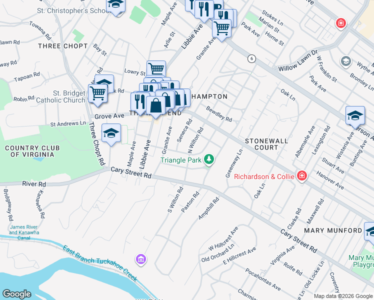 map of restaurants, bars, coffee shops, grocery stores, and more near 5400 Matoaka Road in Richmond