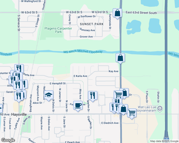 map of restaurants, bars, coffee shops, grocery stores, and more near 1012 Karla Court in Haysville