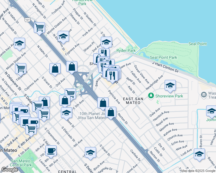 map of restaurants, bars, coffee shops, grocery stores, and more near Cary Avenue in San Mateo