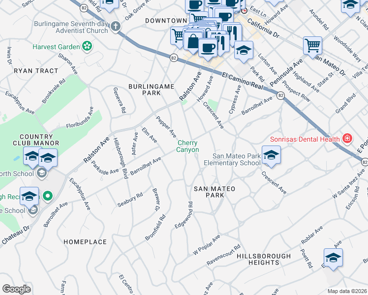 map of restaurants, bars, coffee shops, grocery stores, and more near 605 Barroilhet Avenue in San Mateo