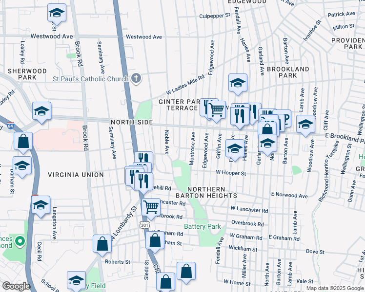 map of restaurants, bars, coffee shops, grocery stores, and more near 2901 Moss Side Avenue in Richmond