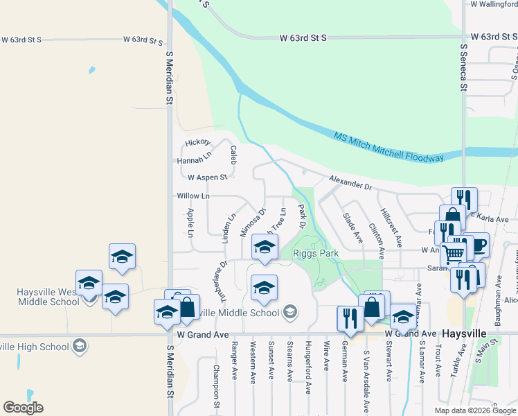map of restaurants, bars, coffee shops, grocery stores, and more near 405 Mimosa Dr in Haysville
