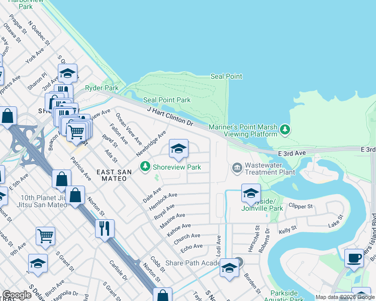 map of restaurants, bars, coffee shops, grocery stores, and more near 1771 Cottage Grove Avenue in San Mateo
