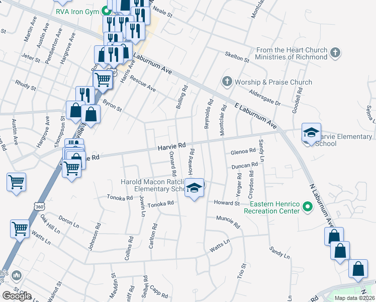 map of restaurants, bars, coffee shops, grocery stores, and more near 3452 Howard Road in Richmond