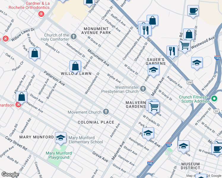 map of restaurants, bars, coffee shops, grocery stores, and more near 4412 West Franklin Street in Richmond