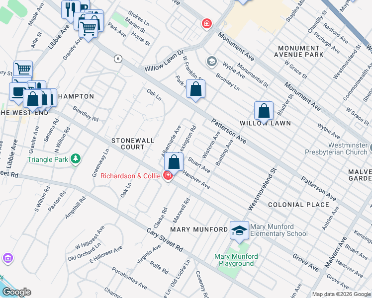 map of restaurants, bars, coffee shops, grocery stores, and more near 330 Lexington Road in Richmond