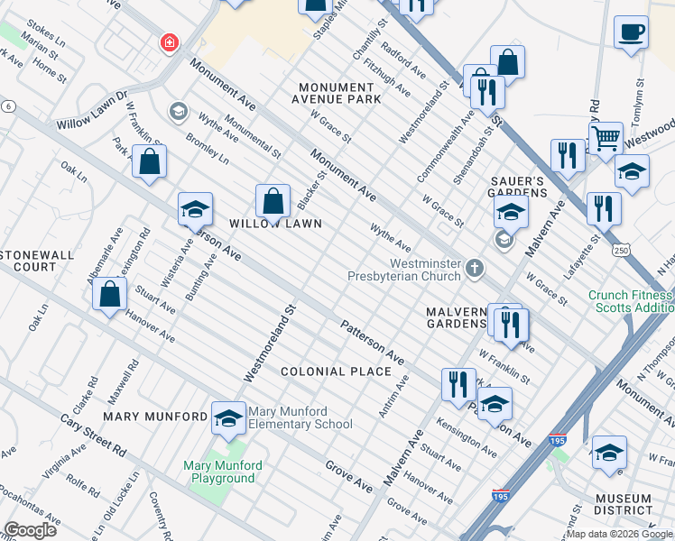 map of restaurants, bars, coffee shops, grocery stores, and more near 4509 W Franklin St in Richmond