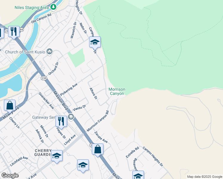 map of restaurants, bars, coffee shops, grocery stores, and more near 583 Woodward Place in Fremont