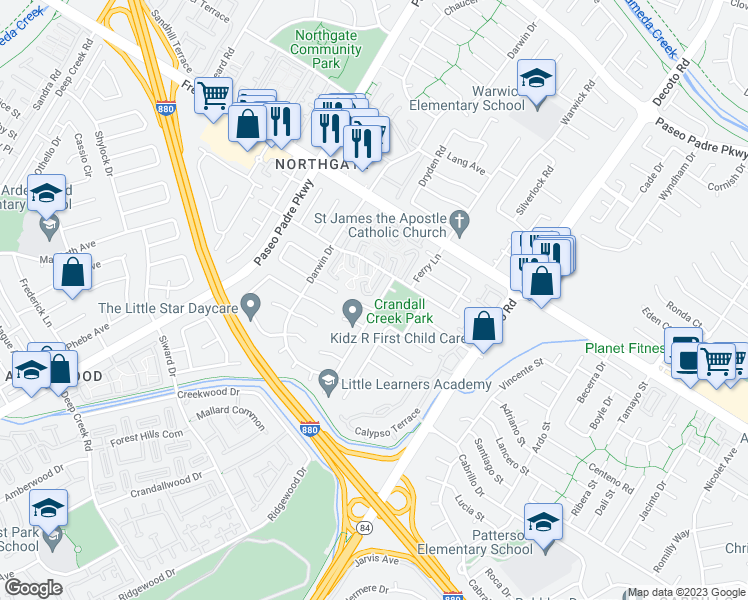 map of restaurants, bars, coffee shops, grocery stores, and more near 4229 Pecos Avenue in Fremont