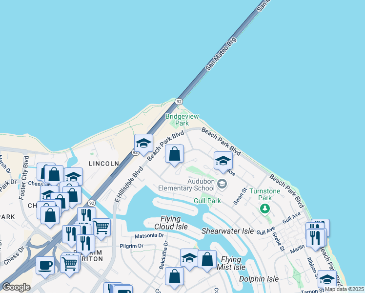 map of restaurants, bars, coffee shops, grocery stores, and more near 282 Curlew Court in Foster City