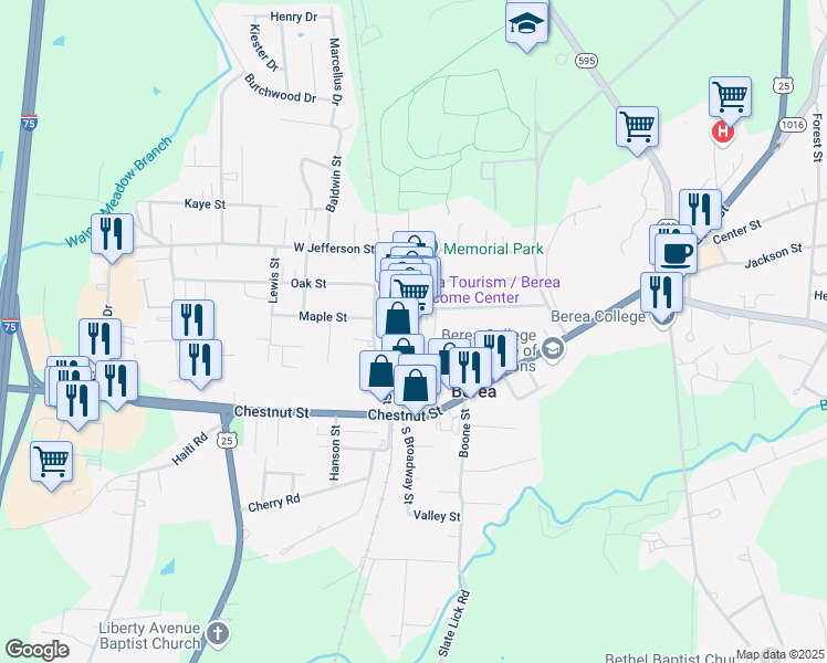 map of restaurants, bars, coffee shops, grocery stores, and more near 128 North Broadway in Berea