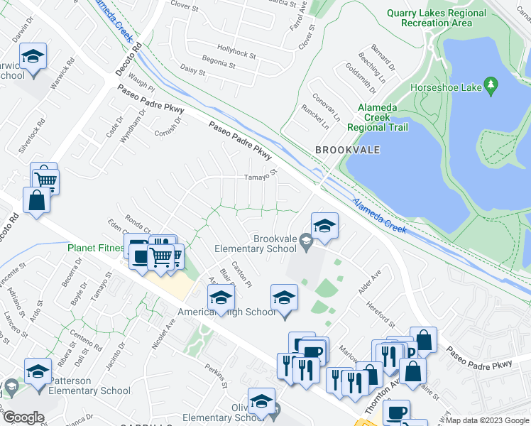 map of restaurants, bars, coffee shops, grocery stores, and more near 3327 Churchill Court in Fremont