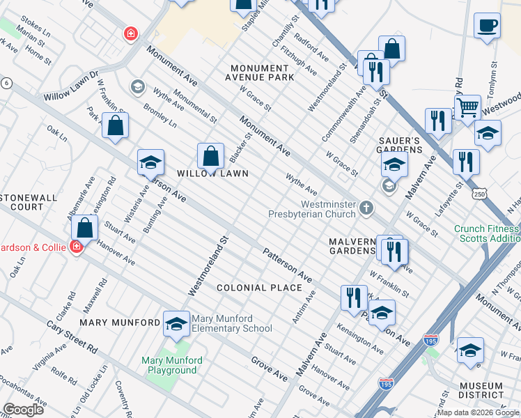 map of restaurants, bars, coffee shops, grocery stores, and more near 4509 West Franklin Street in Richmond