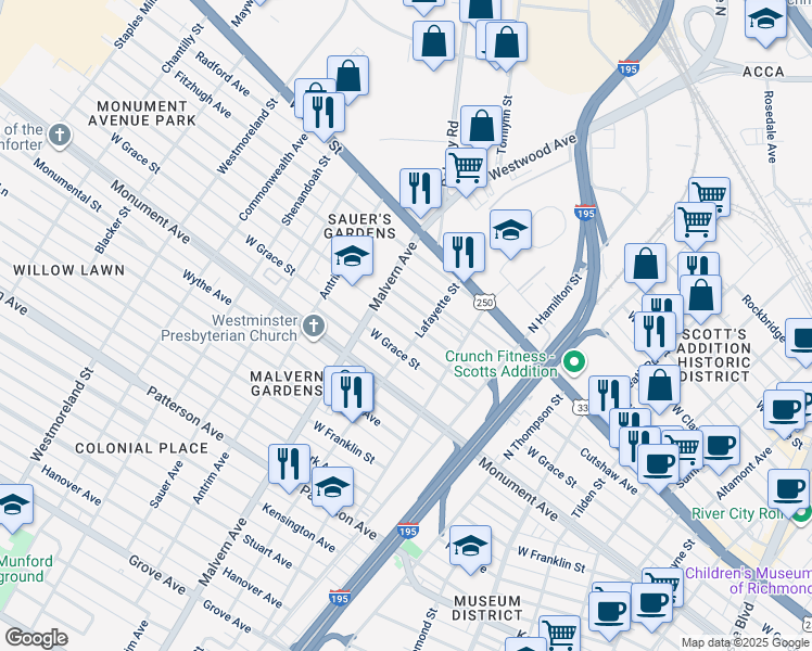map of restaurants, bars, coffee shops, grocery stores, and more near 4009 Cutshaw Avenue in Richmond