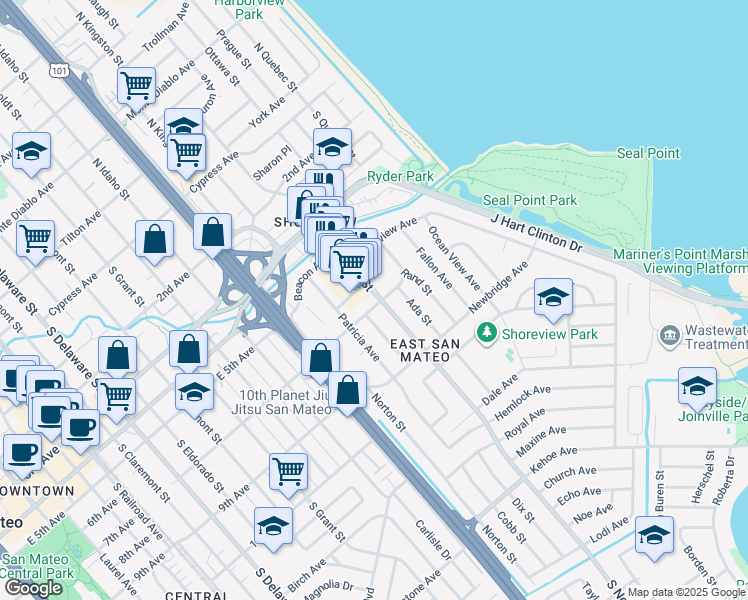 map of restaurants, bars, coffee shops, grocery stores, and more near 1449 Dakota Avenue in San Mateo