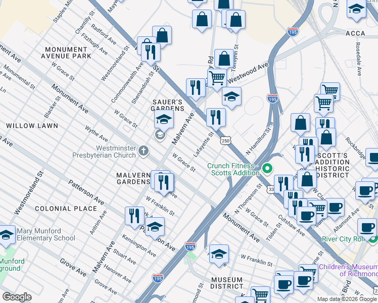 map of restaurants, bars, coffee shops, grocery stores, and more near 4009 Cutshaw Avenue in Richmond
