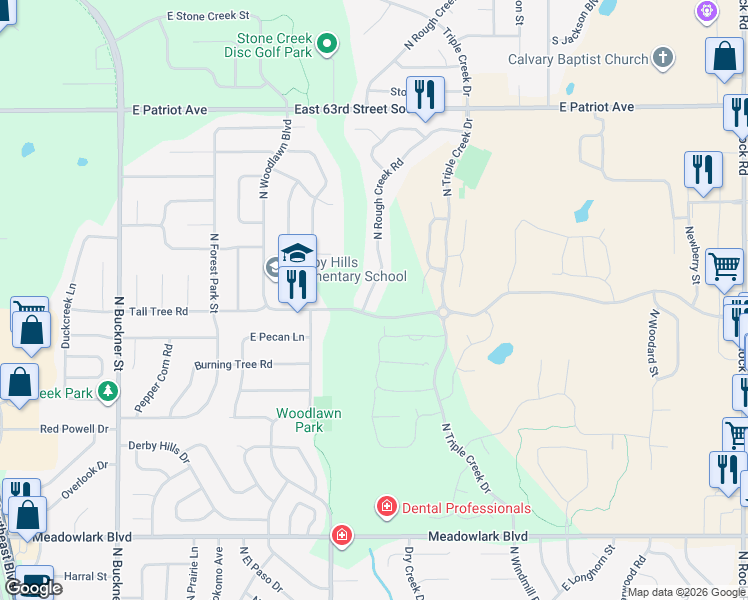 map of restaurants, bars, coffee shops, grocery stores, and more near 2224 North Rough Creek Road in Derby
