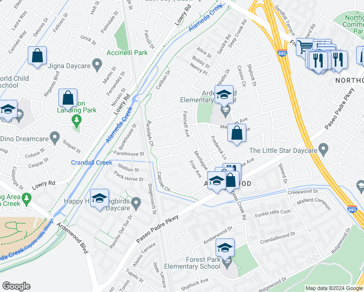 map of restaurants, bars, coffee shops, grocery stores, and more near 33478 Bardolph Circle in Fremont