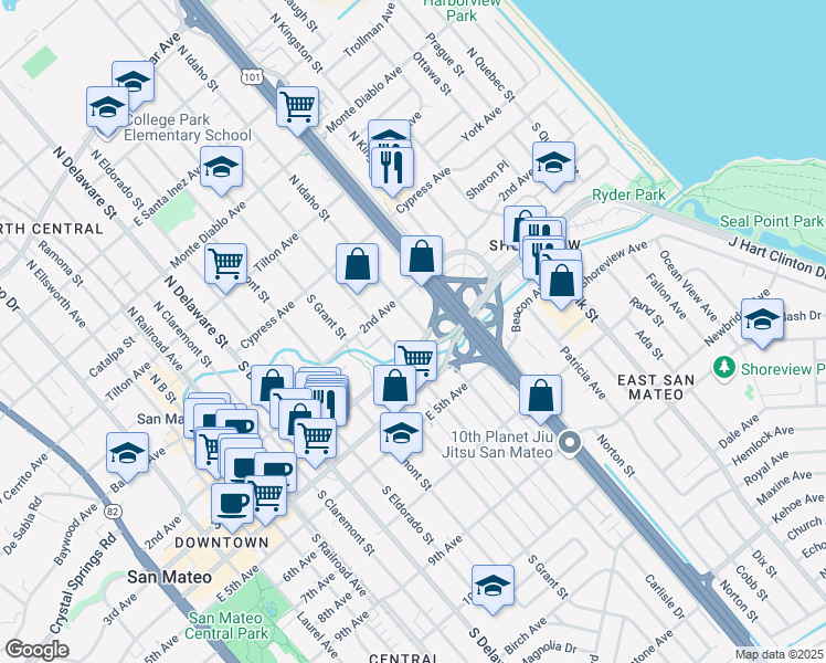 map of restaurants, bars, coffee shops, grocery stores, and more near 236 South Idaho Street in San Mateo
