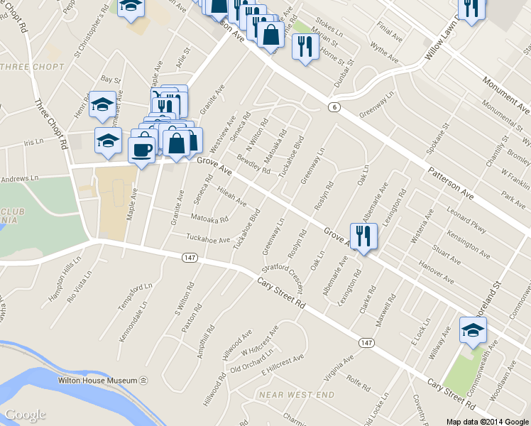 map of restaurants, bars, coffee shops, grocery stores, and more near 201 Tuckahoe Boulevard in Richmond