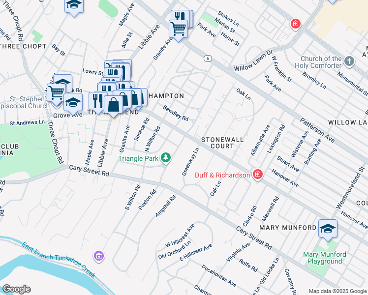 map of restaurants, bars, coffee shops, grocery stores, and more near 201 Tuckahoe Boulevard in Richmond