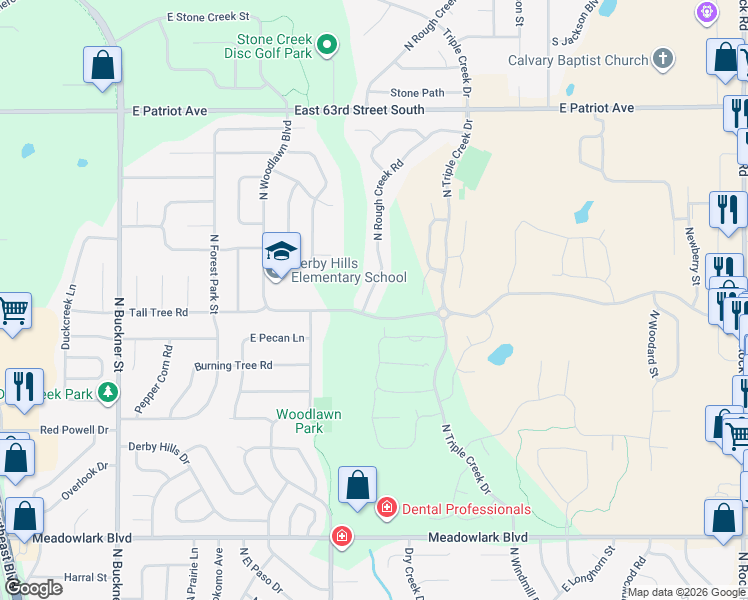 map of restaurants, bars, coffee shops, grocery stores, and more near 2224 North Rough Creek Road in Derby