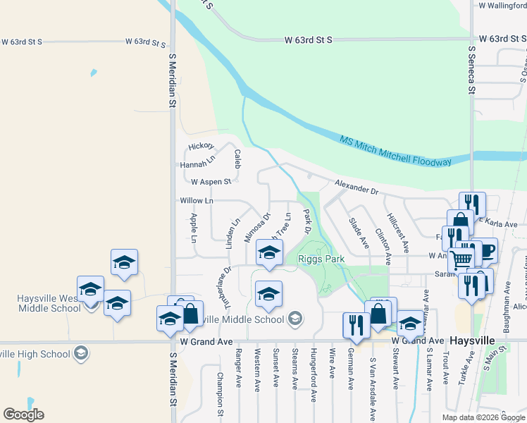 map of restaurants, bars, coffee shops, grocery stores, and more near 405 Mimosa Drive in Haysville