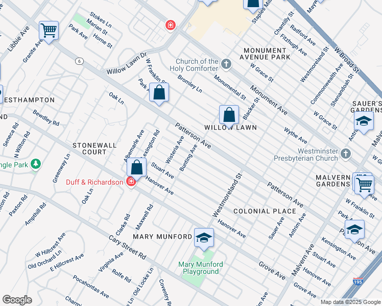map of restaurants, bars, coffee shops, grocery stores, and more near 699 Bunting Avenue in Richmond