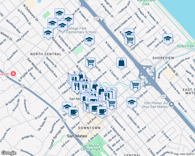 map of restaurants, bars, coffee shops, grocery stores, and more near 701 Cypress Avenue in San Mateo